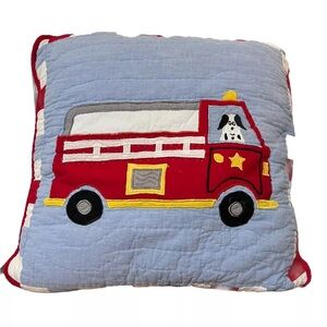 Square Throw Pillow Red Fire Engine Dalmatian Dog Denim Blue Cotton Boy Kidcore